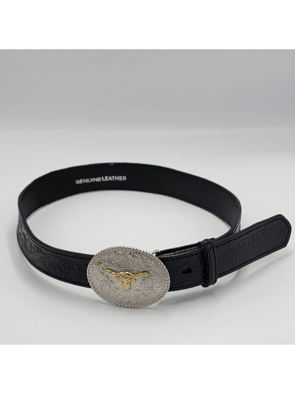 VTG Western Cowboy  Youth 3D Genuine Leather Black Belt With Silver & Gold Longh